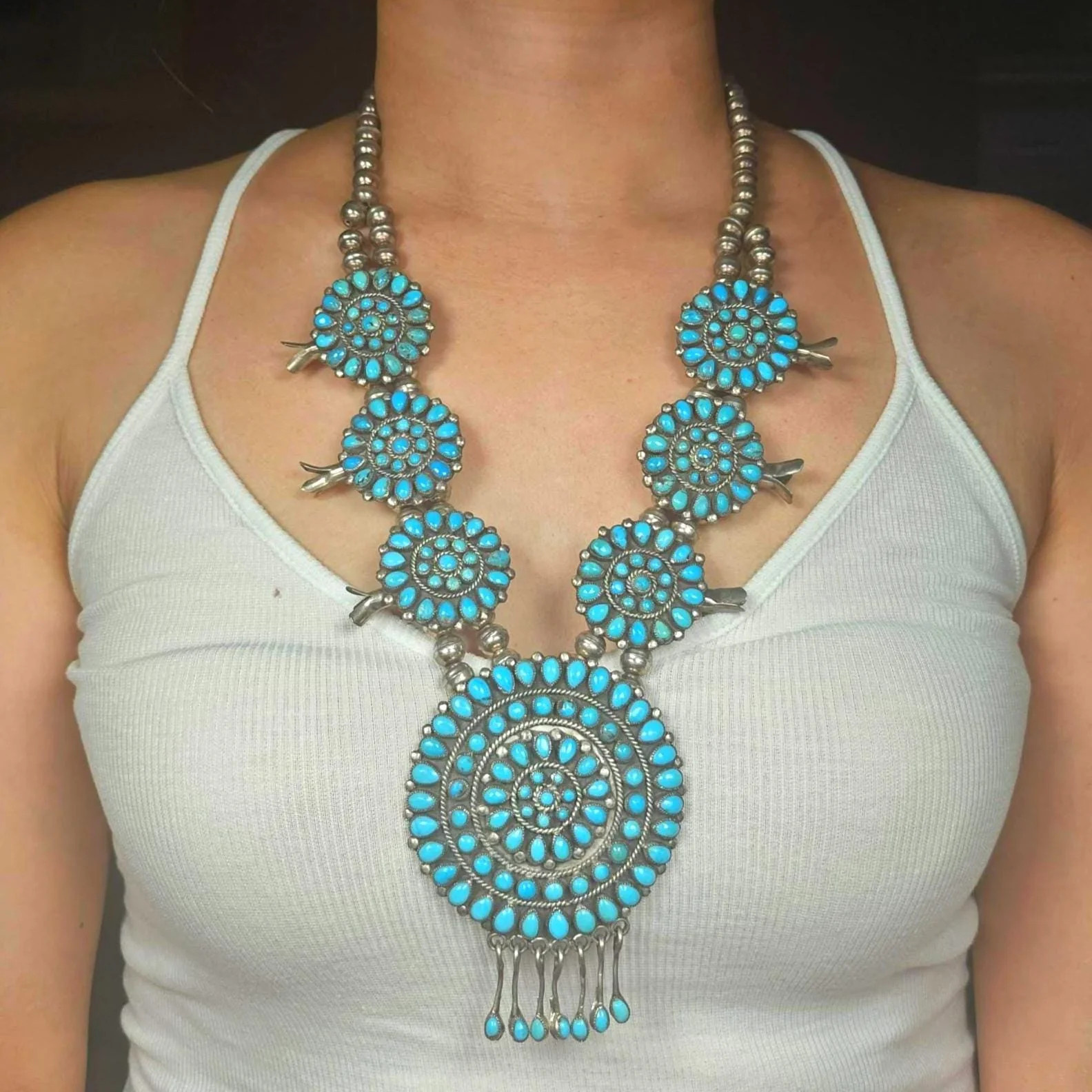 Vintage J Begay Navajo sterling silver squash blossom turquoise cluster necklace Vintage J Begay Navajo sterling silver squash blossom turquoise cluster necklace