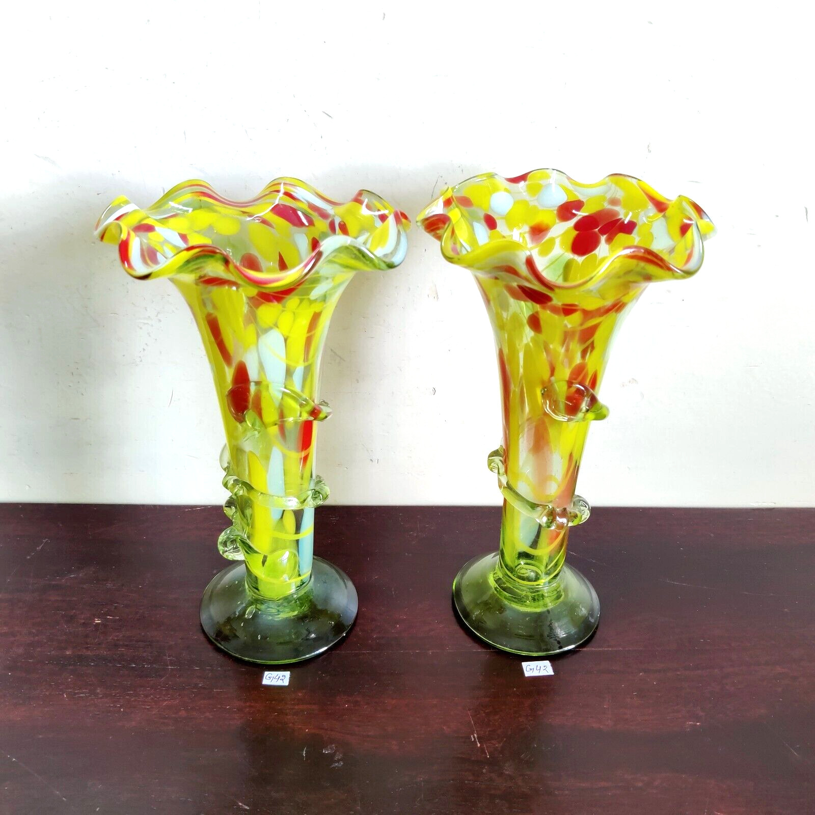 Vintage Handmade Dotted Multi Color Green Glass Pontil Mark Vase Pair GV10