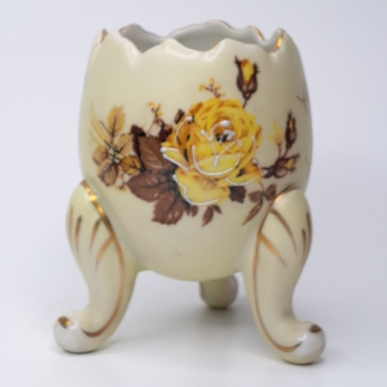 PARMA AAI Cracked Egg Vase Planter VTG Brown Yellow Rose Handpainted Flowers