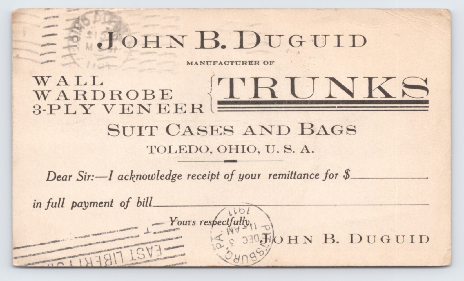 1911 John B Duguid Trunks Suit Cases & Veneer Goods Toledo OH Business Receipt