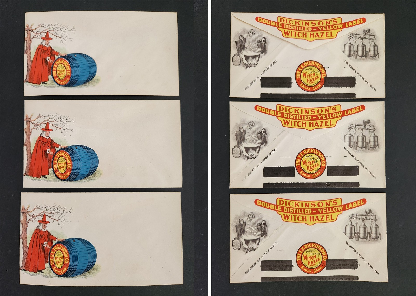 c.1910s antique DICKINSON’S WITCH HAZEL essex ct 3pc ENVELOPES halloween ad LOT