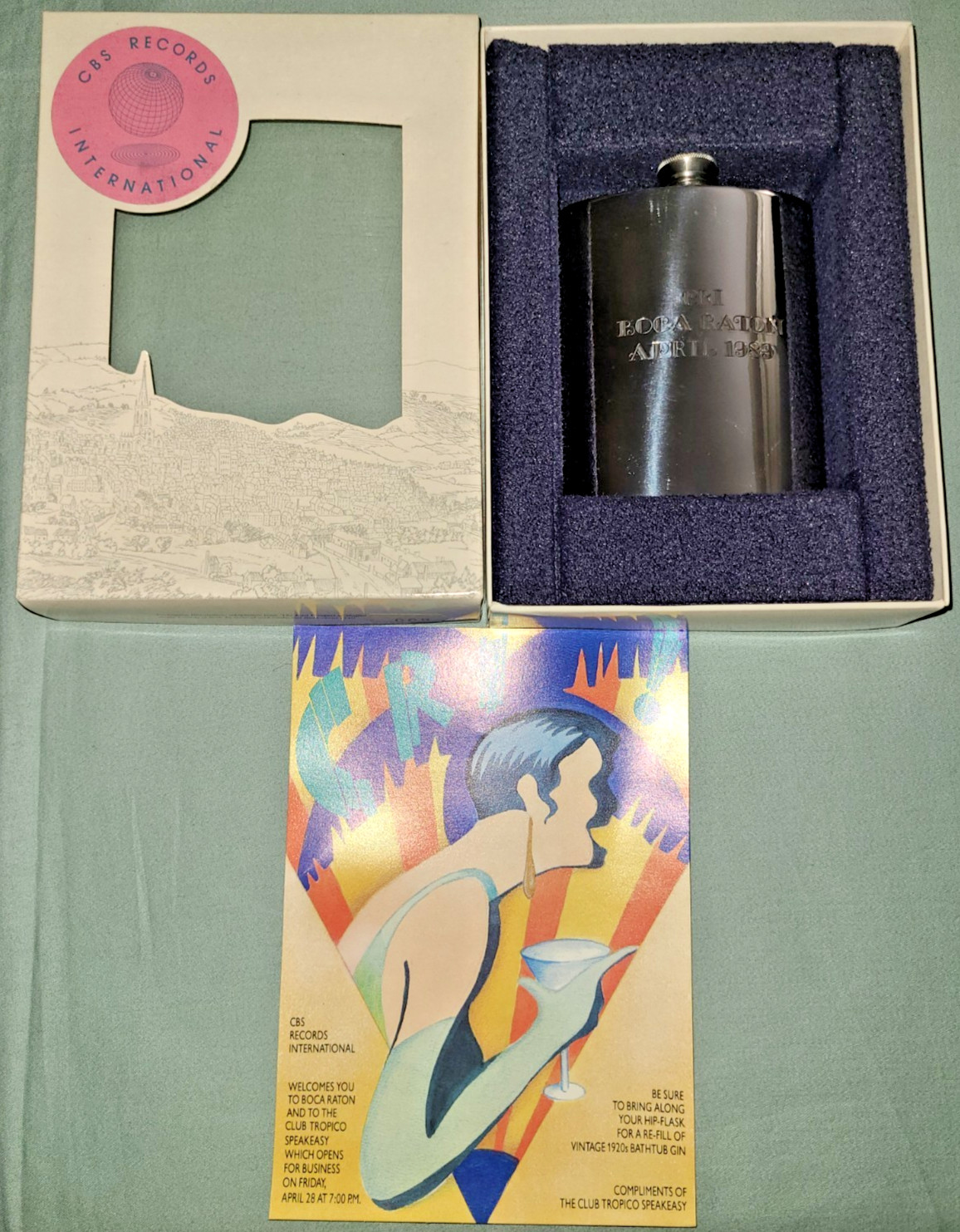 Vtg CBS Records promotional event Sheffield Pewter flask, Boca Raton April 1989