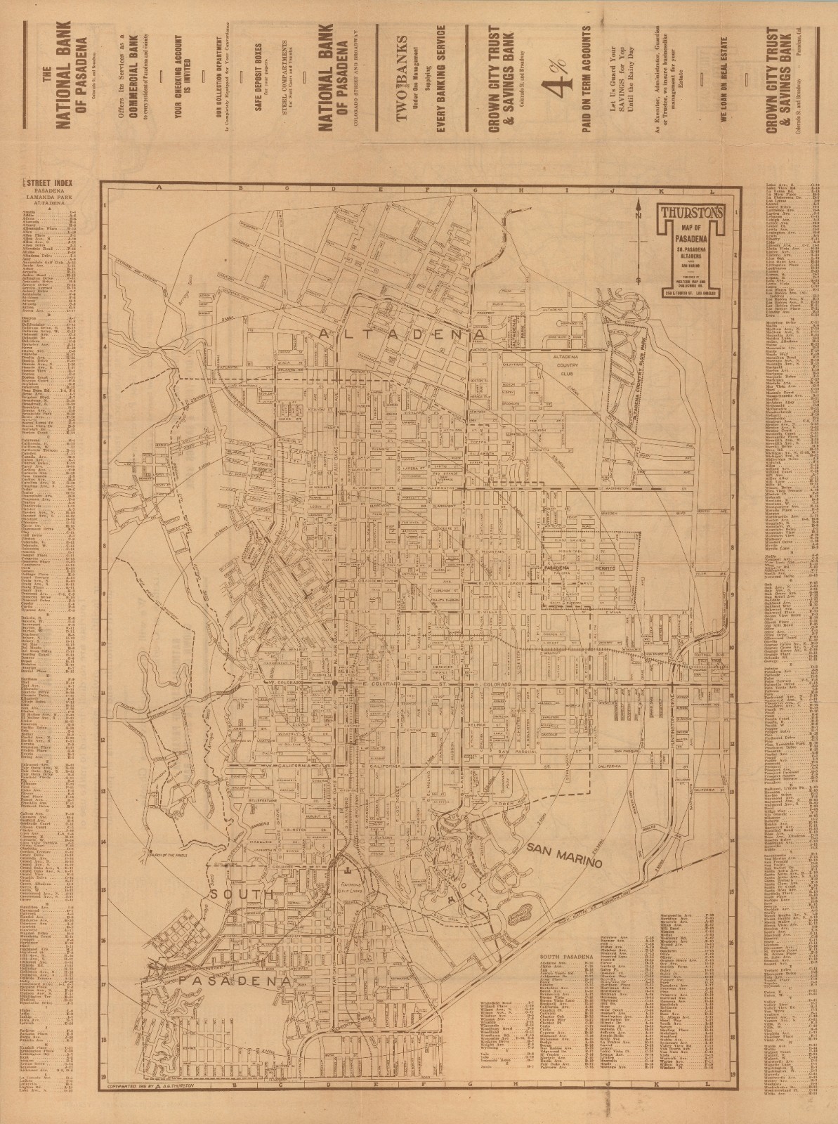 1915 Thurston Rare Map of Pasadena, South Pasadena, Altadena, and San Marino, CA