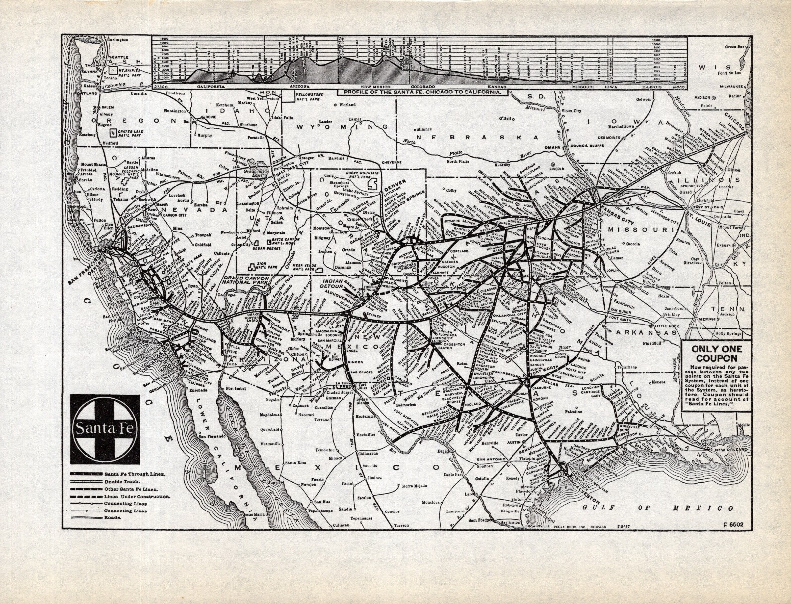 1937 Antique Santa Fe Railroad Map Vintage Santa Fe Railway Map  2549