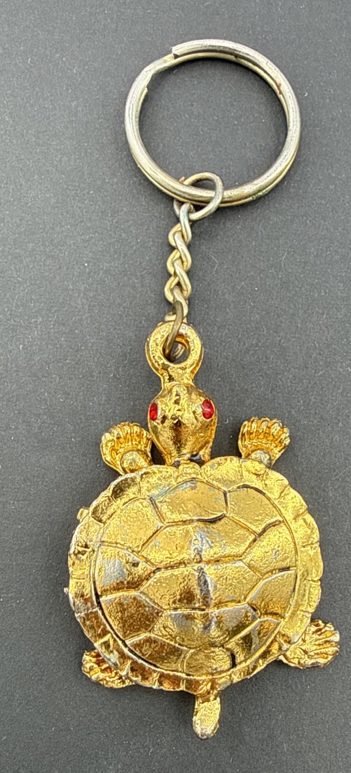 Vintage Gold Tone Turtle Keychain Hinged Trinket Box Red Eyes Figural