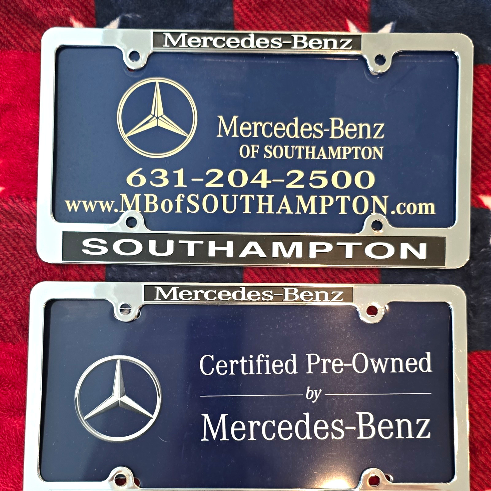 Mercedes Benz Dealer Promo License Plate Frames Chrome W/ Inserts Southampton NY