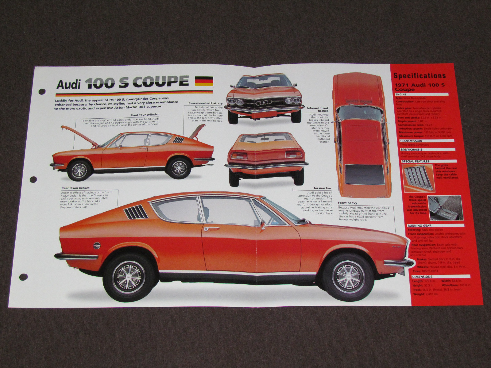1969-1976 AUDI 100 S COUPE (1971) Car SPEC SHEET BROCHURE PHOTO BOOKLET