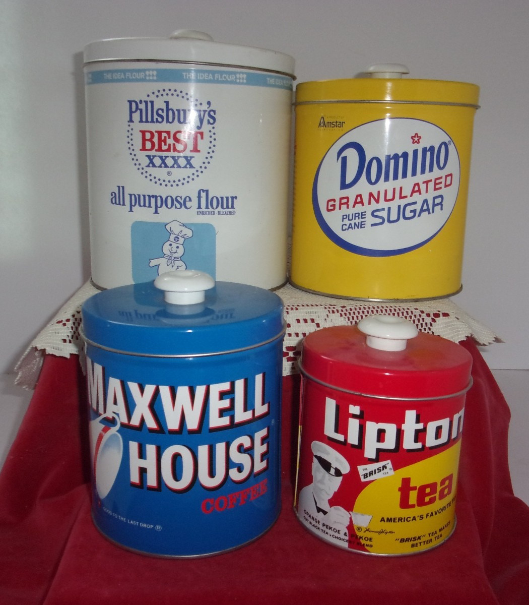 J L Clark tin canister set 8 pc Pillsbury Domino Maxwell House Lipton vntg 60\'s