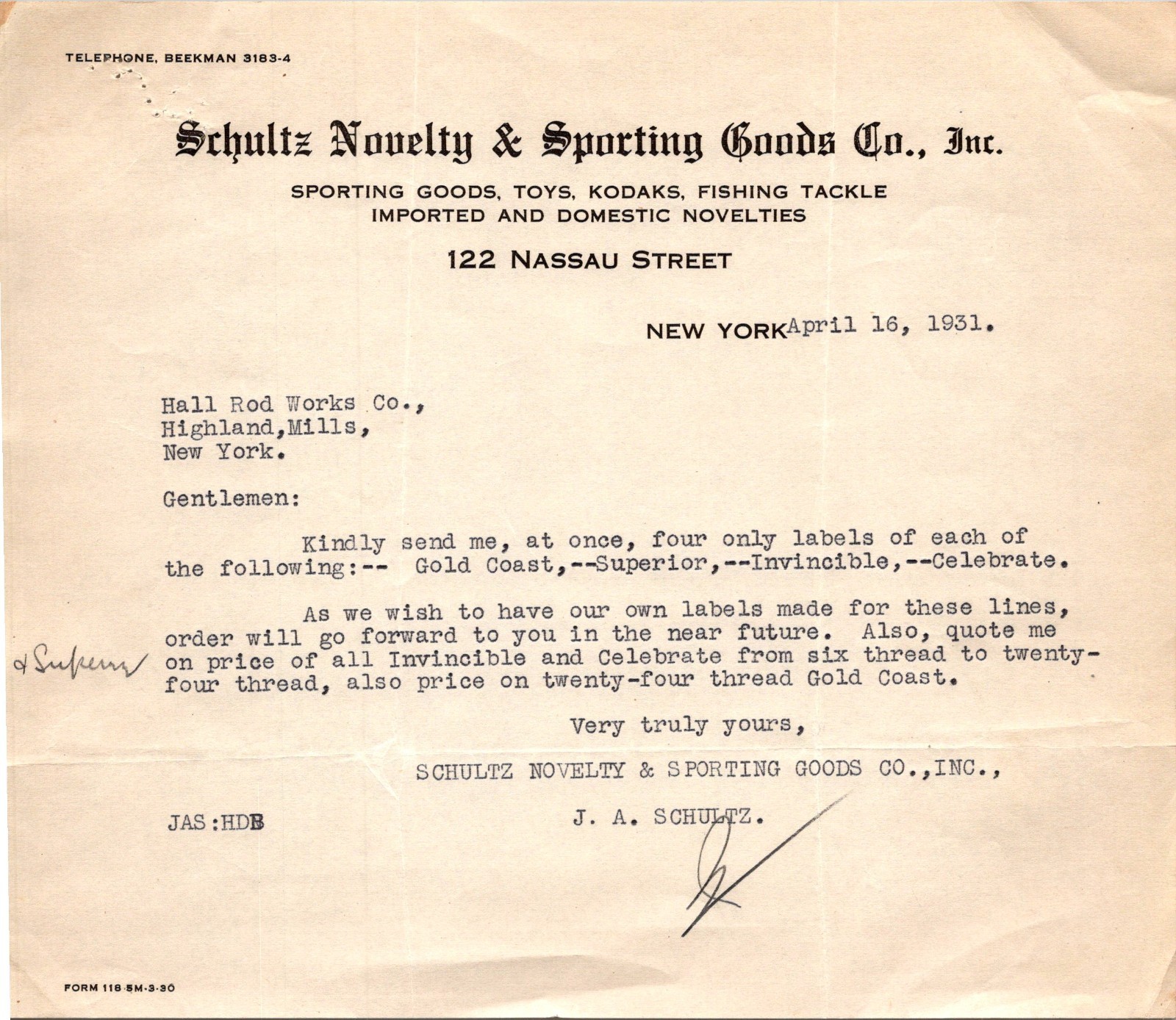 Schultz Novelty Sporting Goods 1931 J Schultz NY Antique Letterhead Billhead TC1