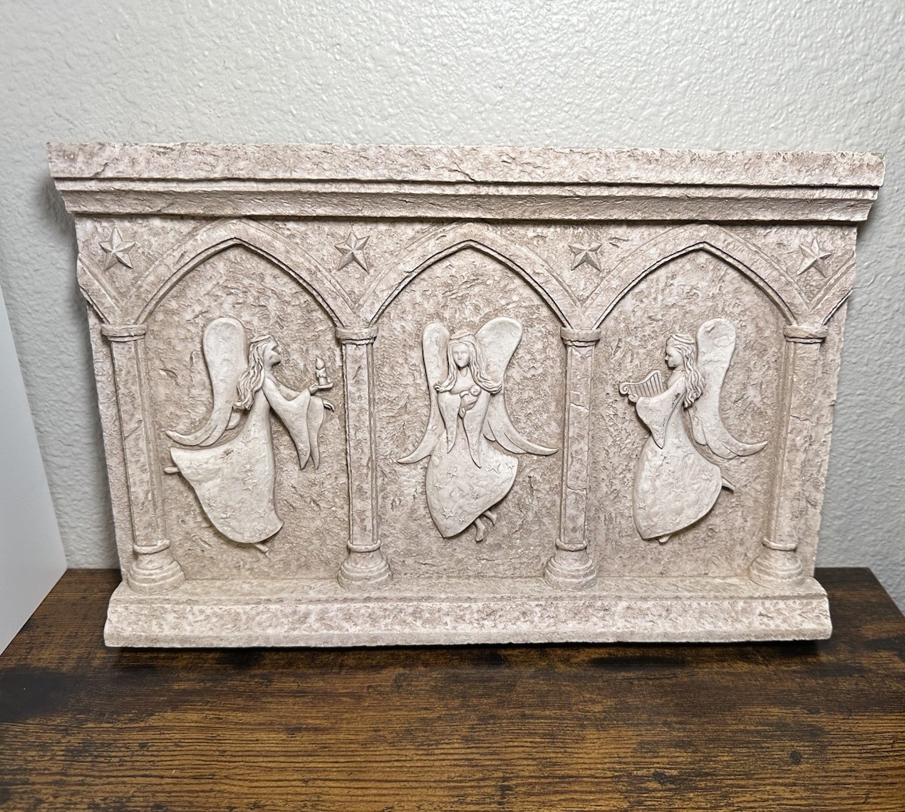 Vintage Faux Stone 3 Angel Relief Wall Plaque Tile Gothic Arch Frieze Resin