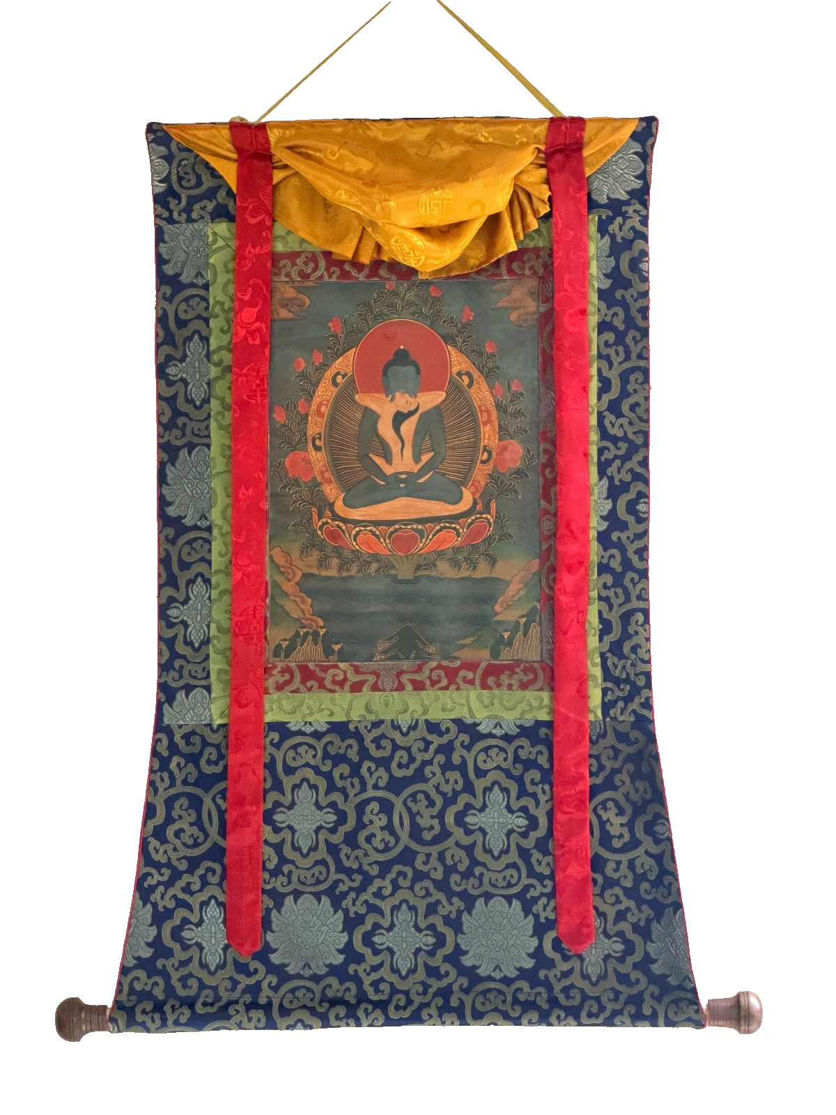 SAMANTABHADRA OLD OIL- VARNISHED TIBETAN THANGKA PAINTING  WITH SILK BROCADE