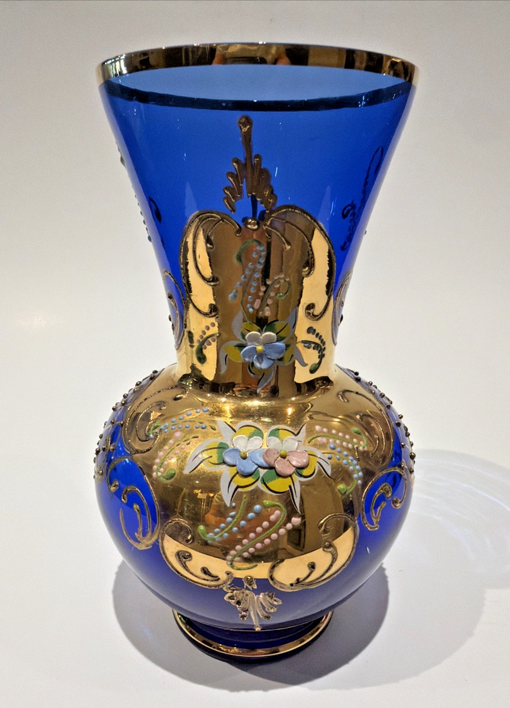 Vintage Bohemian Hand Painted Floral Cobalt Glass Vase w/ Gold