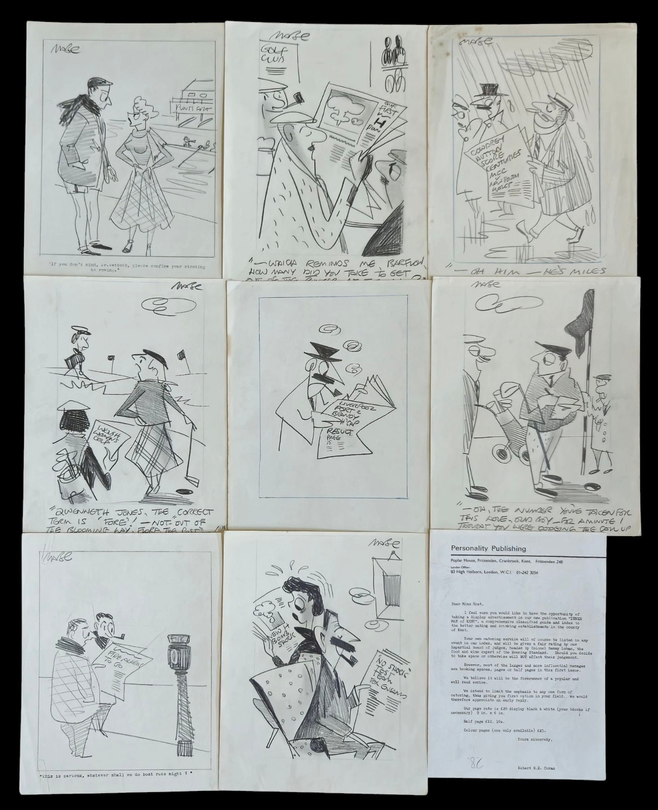 Original Illustration Art British Cartoonist Robert Coram Humor Lot w/ Letter Original Illustration Art British Cartoonist Robert Coram Humor Lot w/ Letter