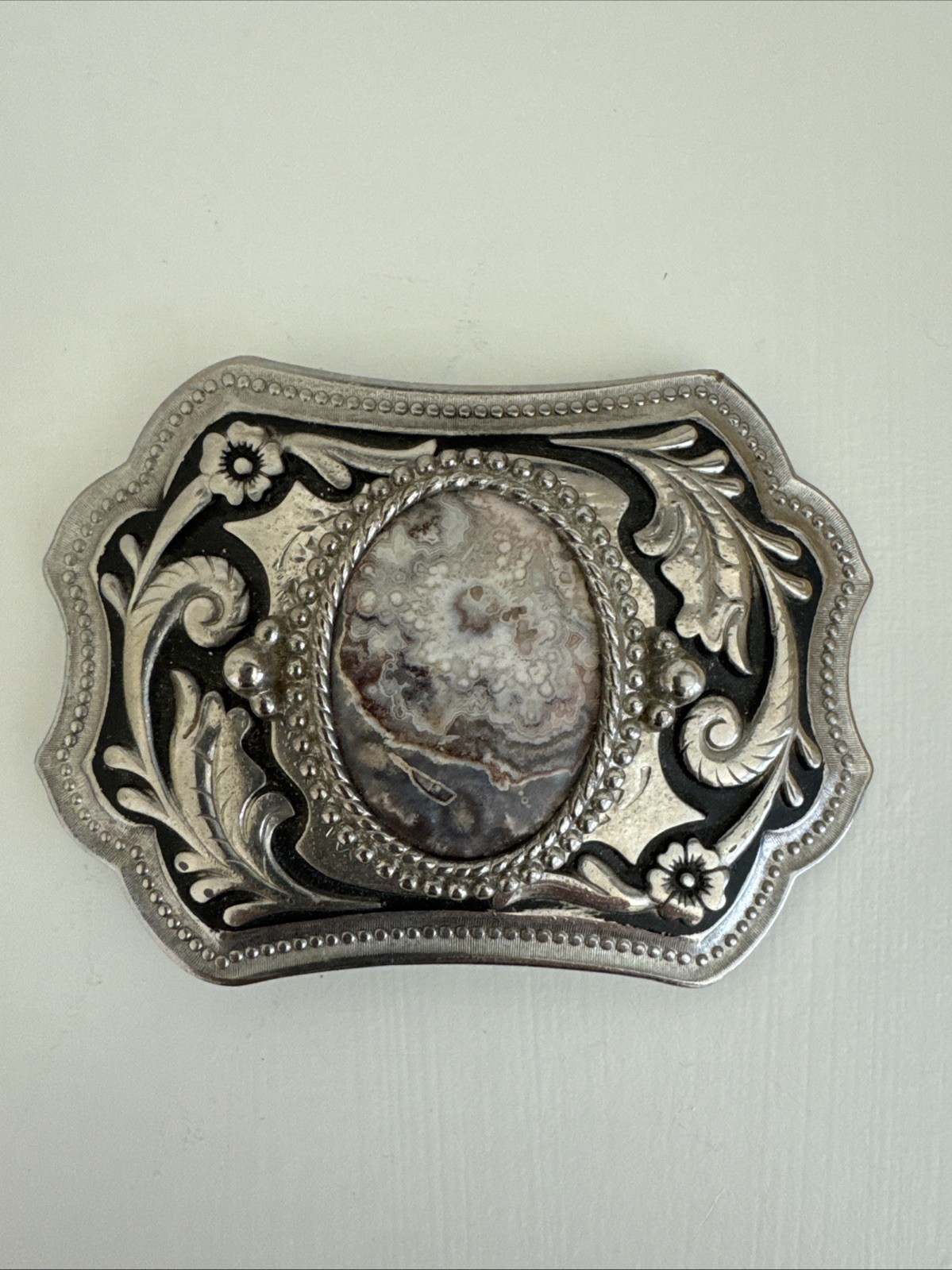 Vtg 1970 Large Western Style Cowboy Natural Gemstone Belt Buckle Silver Tone EUC
