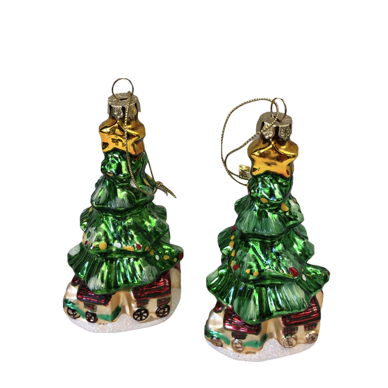 2 Blown Glass Ornaments Snow-Tipped Christmas Trees 4.25\