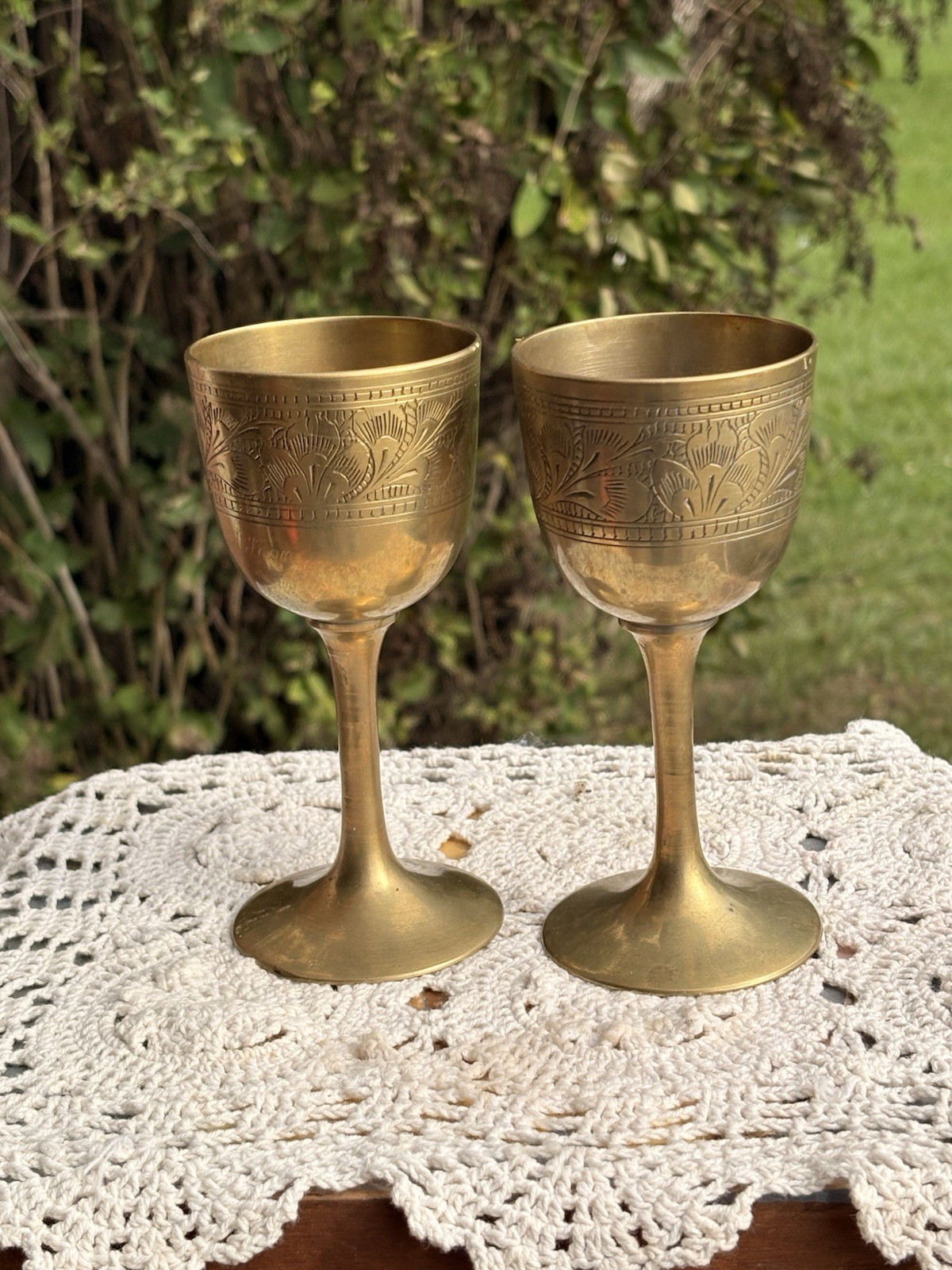 Vintage Brass Etched Wine Goblet Set Of Two