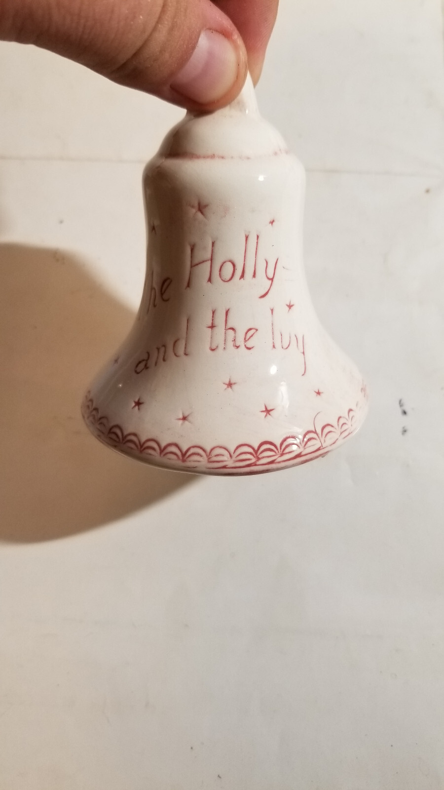 Vintage Homemade Red Christmas Holly Joy Angel Bell Porcelain Ornament
