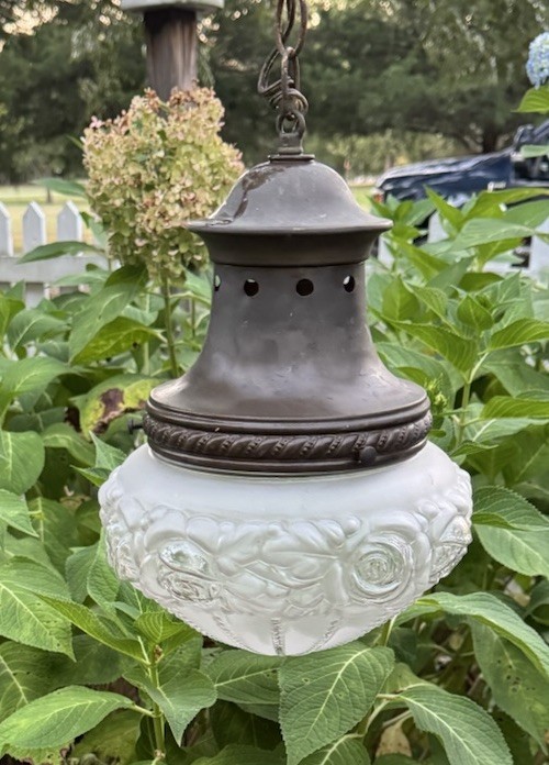 Antique Ceiling Pendant Fixture Light Molded Frosted Glass Shade Roses Embossed