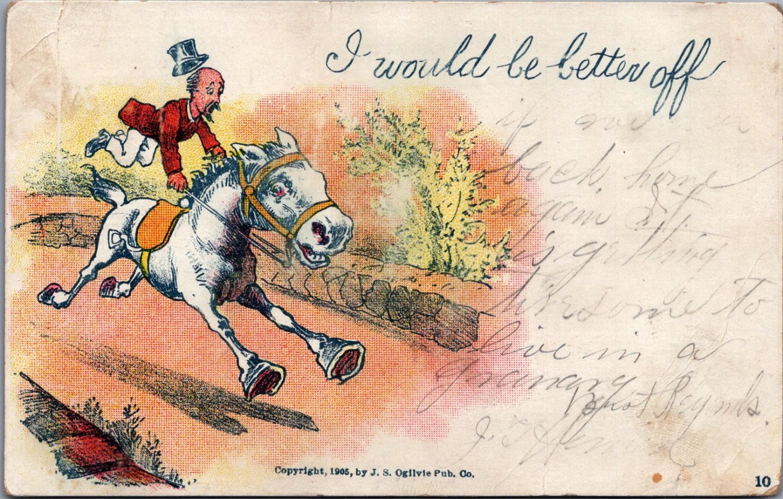1905 J.S. Ogilvie Pub. Co. Humorous Horse & Rider Cartoon Postcard Posted Kansas