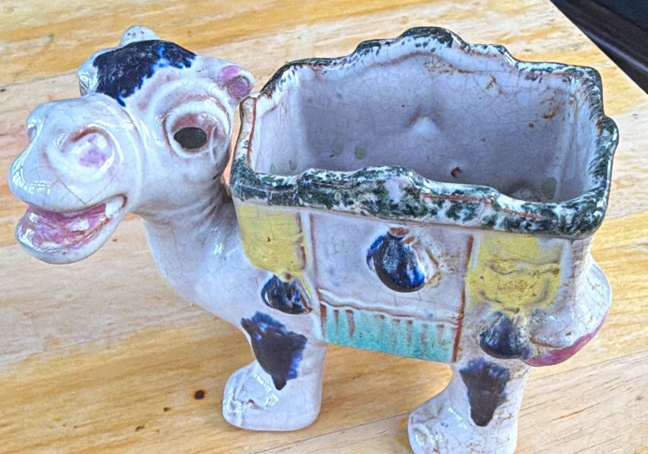 Vintage Ceramic Cow Planter Hand Painted Glazed Multicolor Asymmetrical