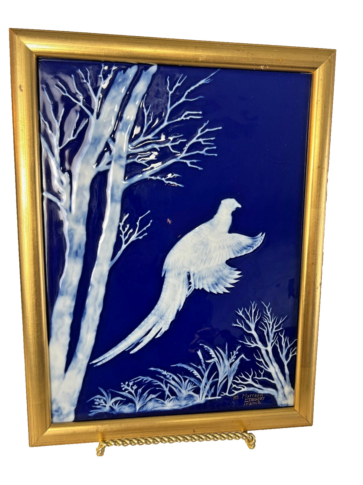 French Vintage LIMOGES Blue Porcelain Wall Plaque Fontanille & Marraud  10x14