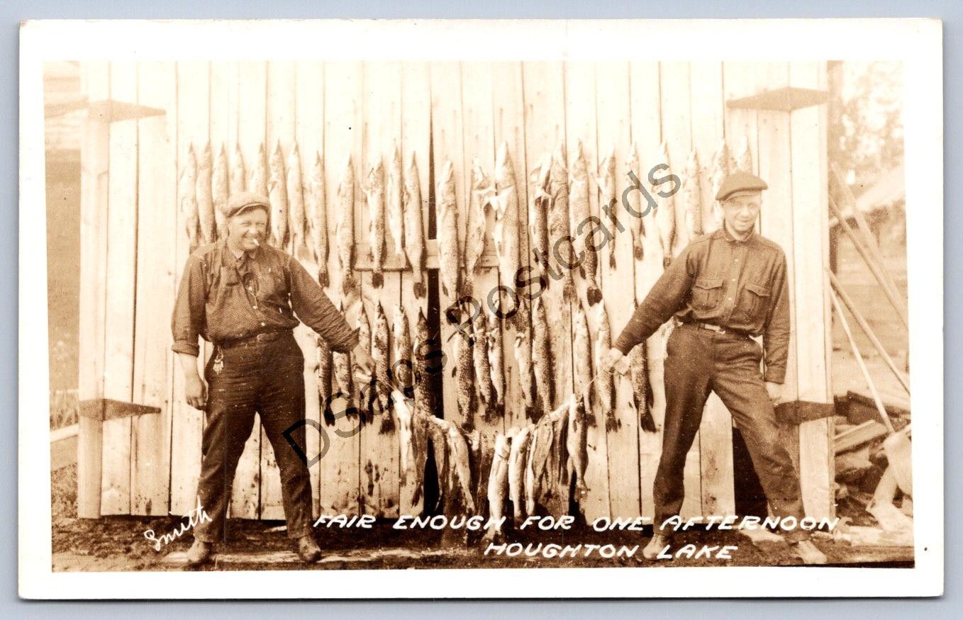 K67/ Houghton Lake Michigan RPPC Postcard c1920s Fishing Fish Caught 165