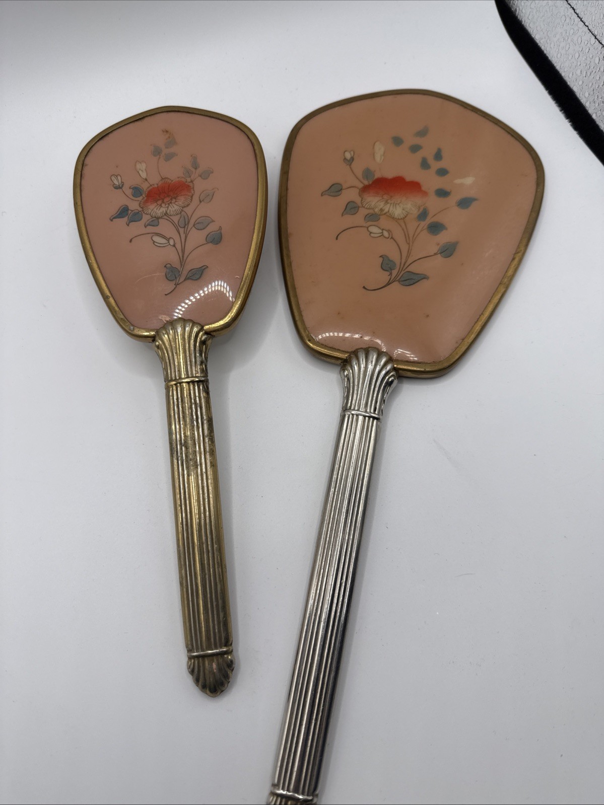 Vintage Ornate Floral Hand Mirror & Vanity Brush Set Pink Cream Gold Tone