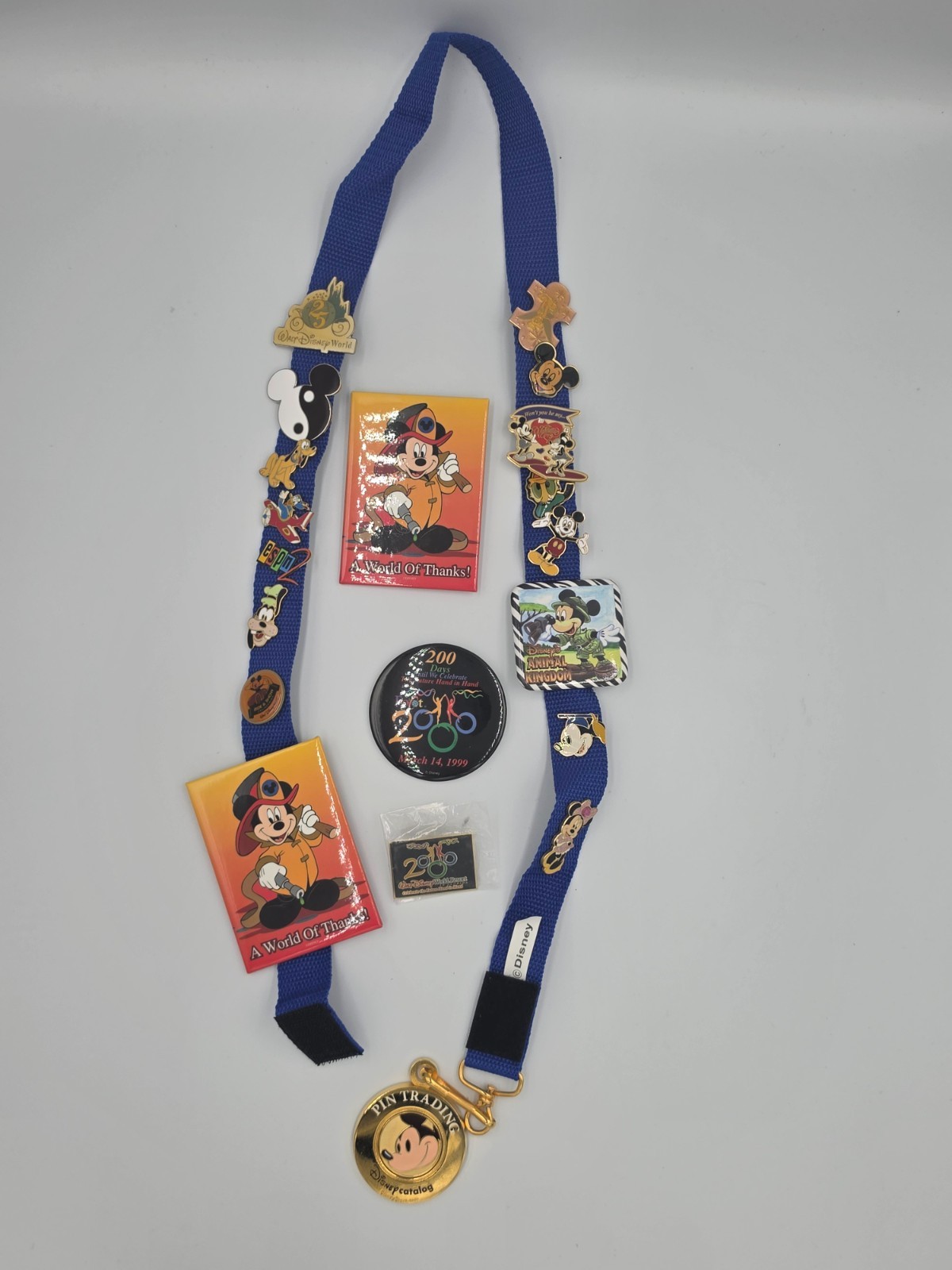 Disney Pin Trading Lanyard with Mickey Pins, Medallion and 1999 Memorabilia Lot Disney Pin Trading Lanyard with Mickey Pins, Medallion and 1999 Memorabilia Lot