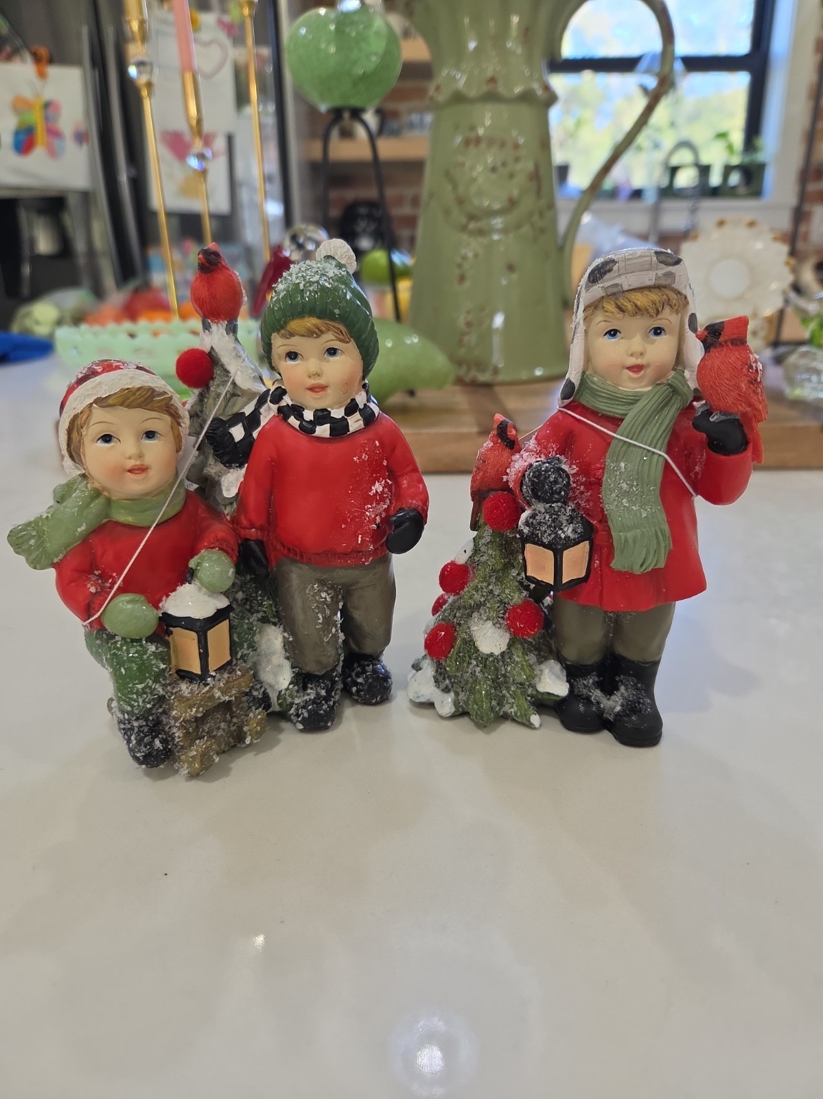 Set of Valerie Parr Hill Christmas Holiday Scenery Children Cardinal Figurines
