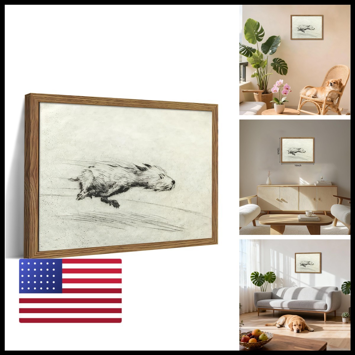 Raiqtols Framed Dog Zoomies Canvas Wall Art, Vintage Dog Flight Poster Print