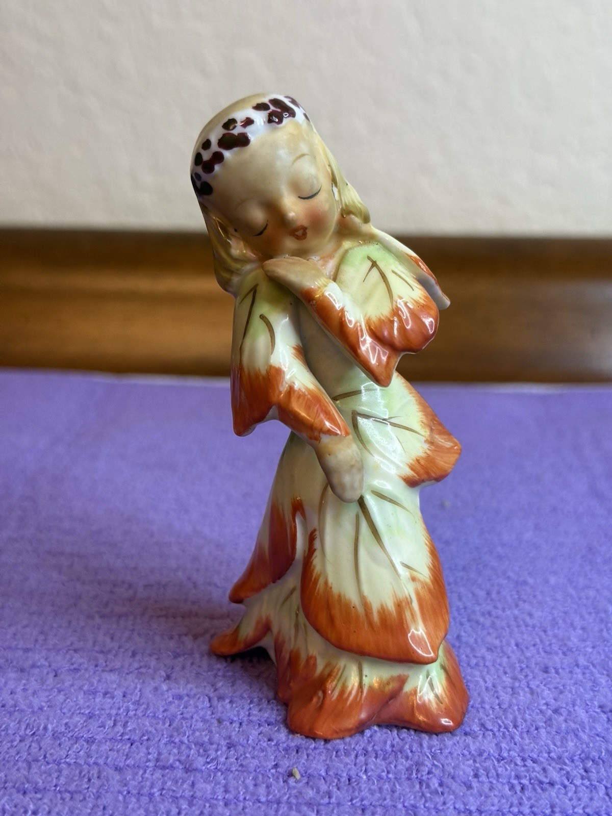 Vintage Acme China Leaf Pixie Fairy Girl Orange Green Flower Headband Japan