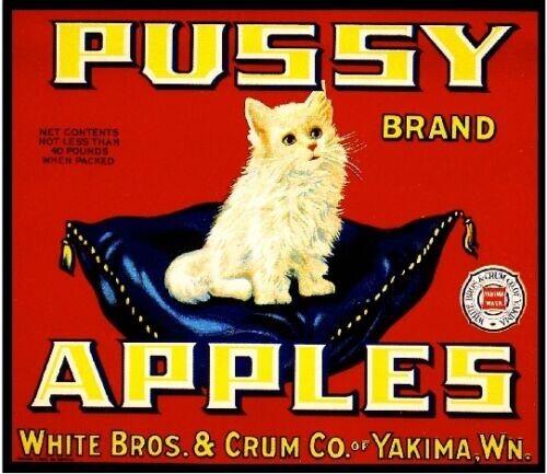 Pussy Brand Apples Yakima Washington State White Cat Fruit Crate Label Print Pussy Brand Apples Yakima Washington State White Cat Fruit Crate Label Print