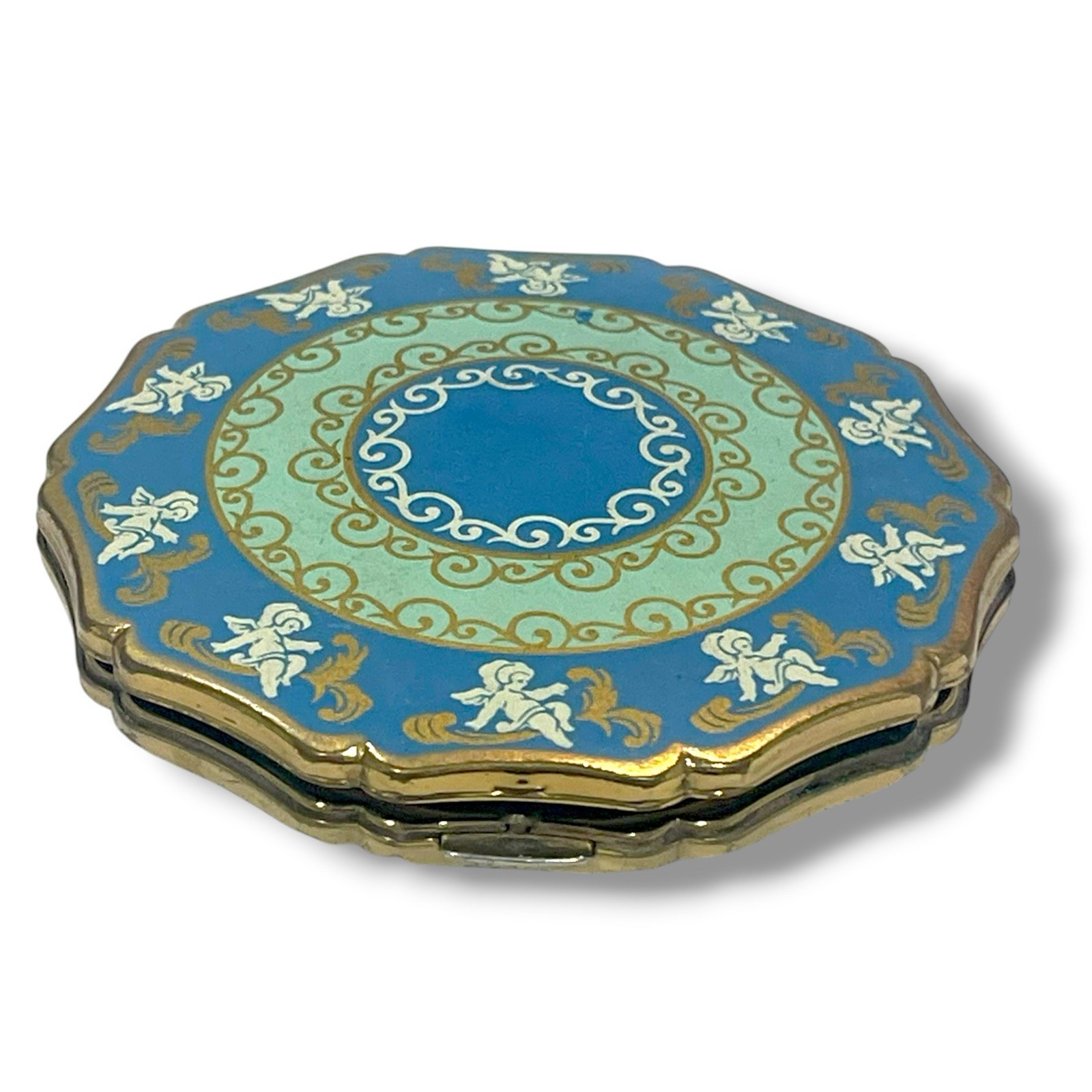 Vintage Stratton Enamel Compact Gilded Powder Case Cherubs Scroll Rococo Revival