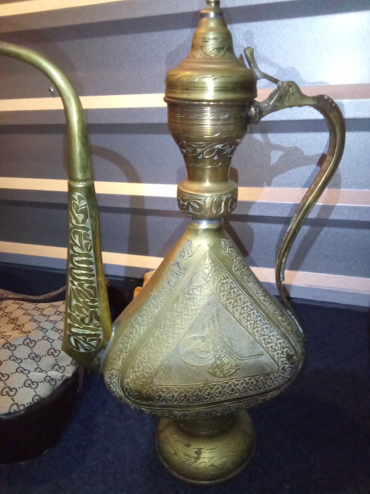 Vintage Turkish Arabic Large Heavy Solid Brass Pitcher, 17