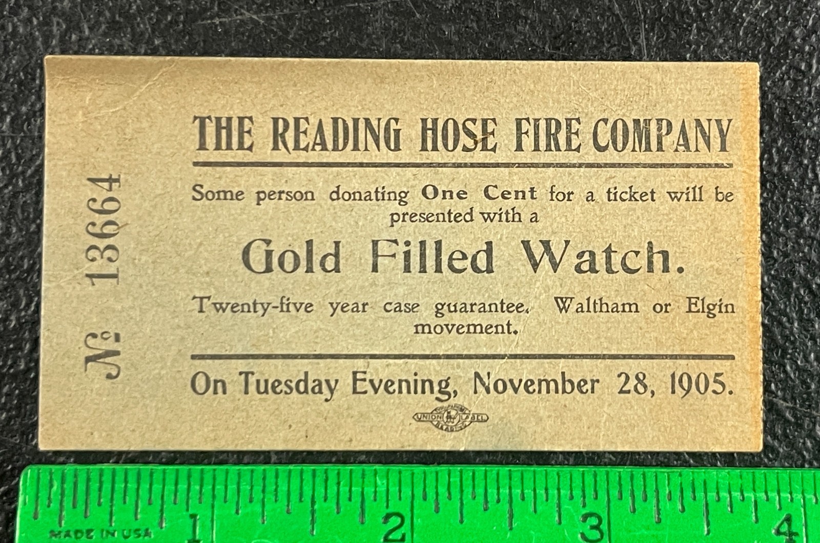 1905 Reading PA Hose Fire Company 1c Win Gold Watch Ticket Antique Firefighting 1905 Reading PA Hose Fire Company 1c Win Gold Watch Ticket Antique Firefighting