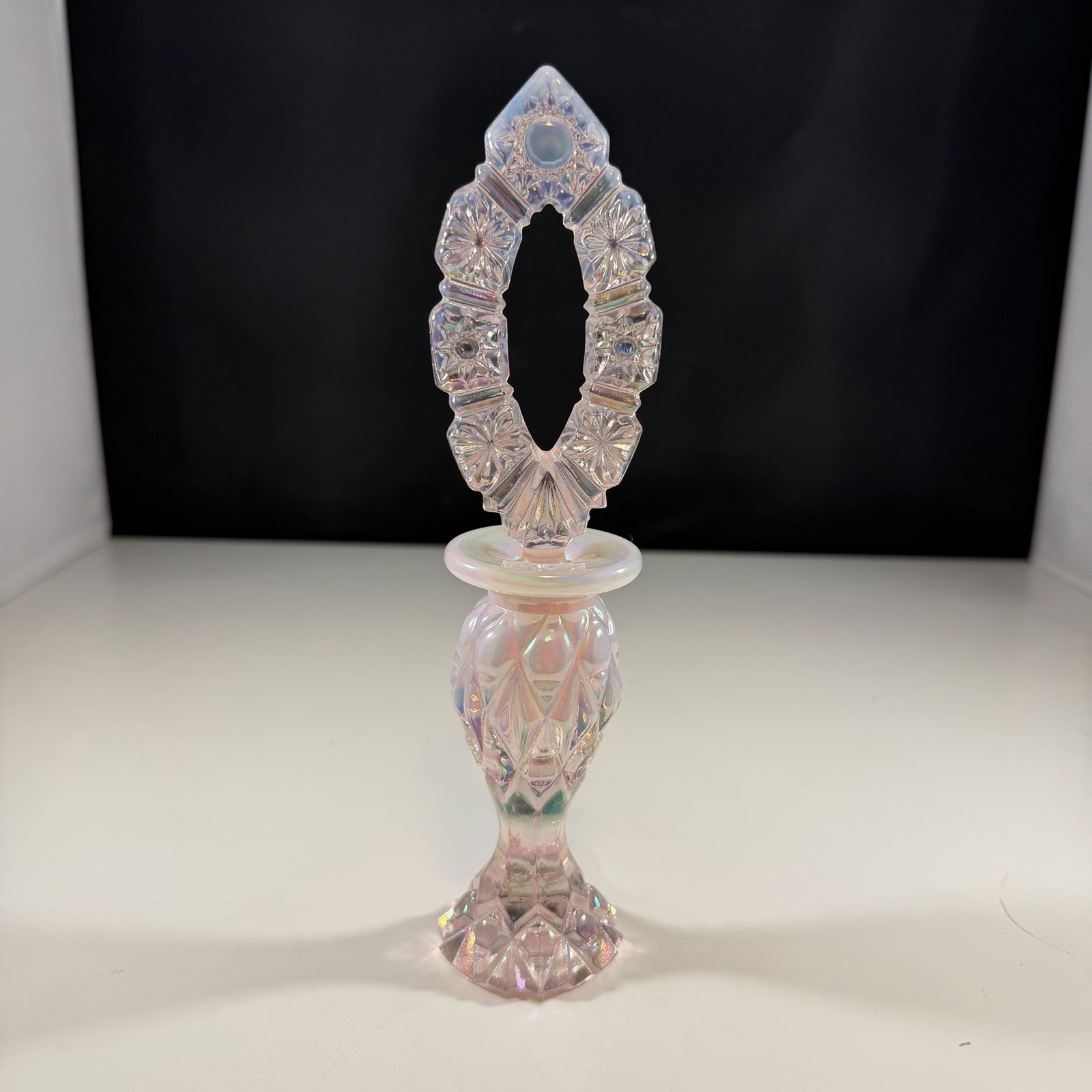 Vintage Fenton Glass Light Pink Iridescent Rose Glass Perfume Bottle W/ Stopper