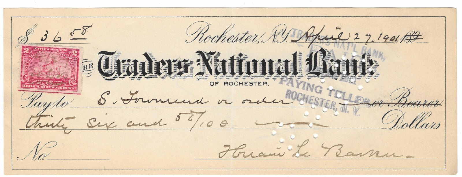 1901 Check, The Traders National Bank of Rochester, New York, Revenue Stamp