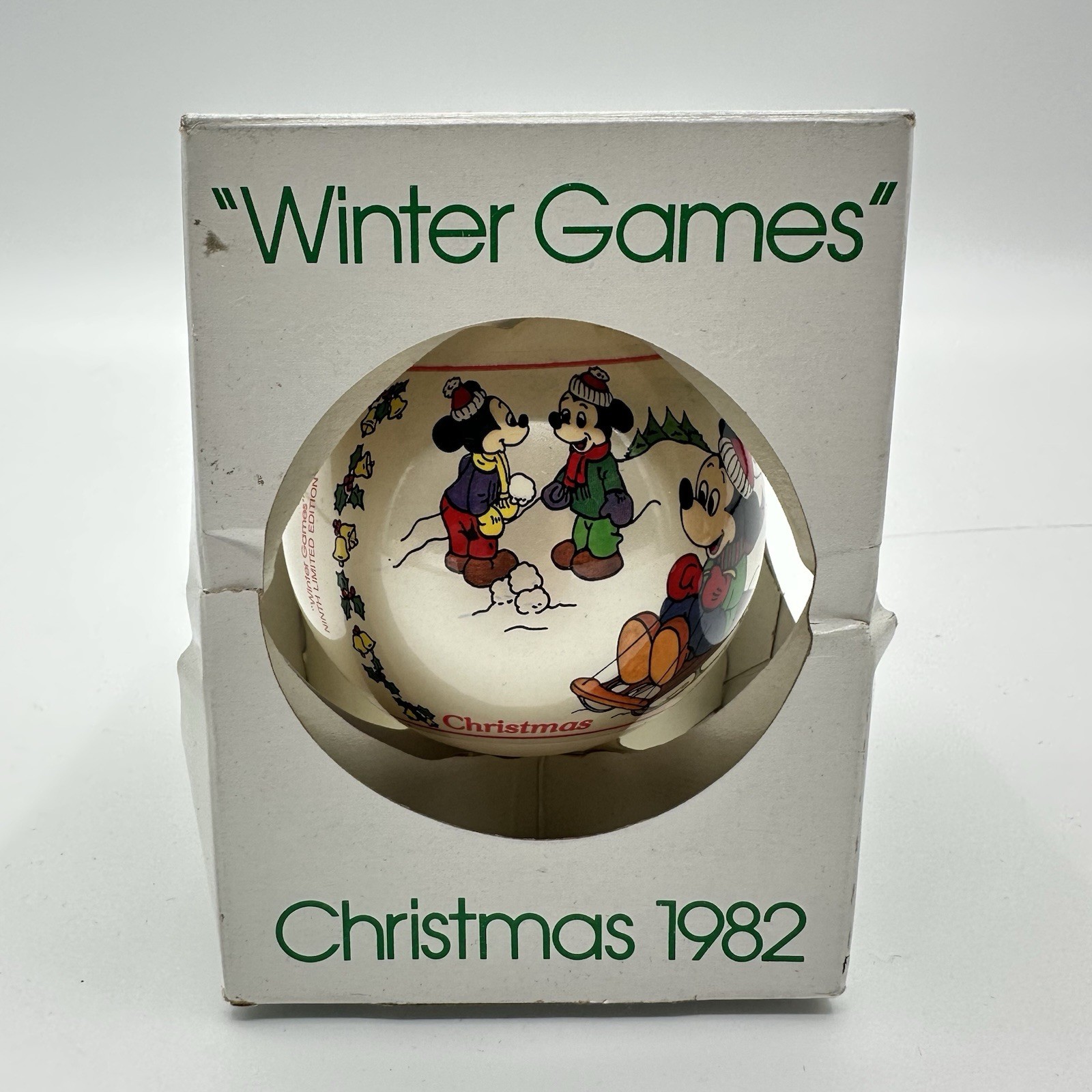 Schmid Disney 1982 Winter Games Round Christmas Ornament Mickey Mouse With Box