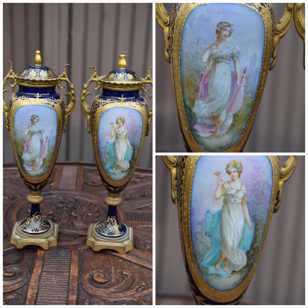 PAIR antique 19thc Sevres porcelain hand paint portrait lady vases marked