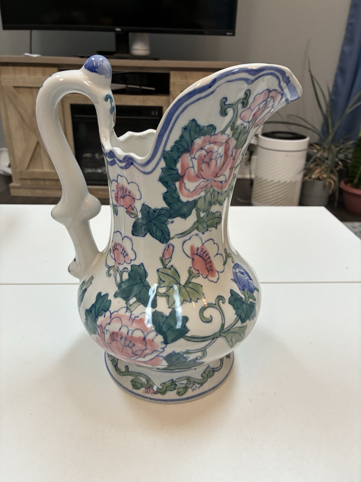 Floral Porcelain Pitcher Pedestal Ewer Peony Decor 11” Vase Jug Blue White Pink
