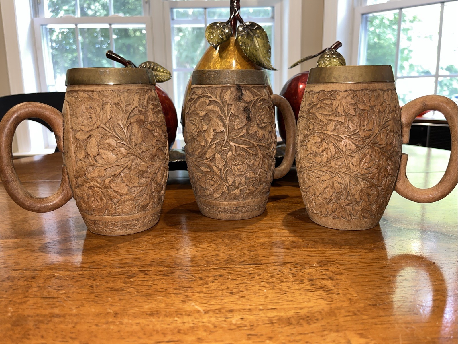 Old Set Of 3 Different Hand Carved Wooden Tankard Mugs, Brass Insert -Very Nice