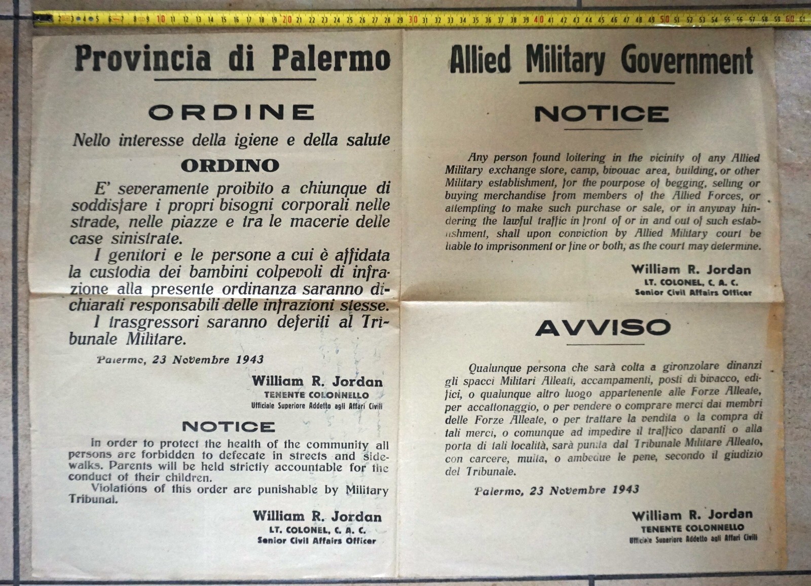 WW2 RARE POSTER POSTER AMGOT SICILY HUSKY LANDING 1943 PALERMO ORDINANZ JORDAN