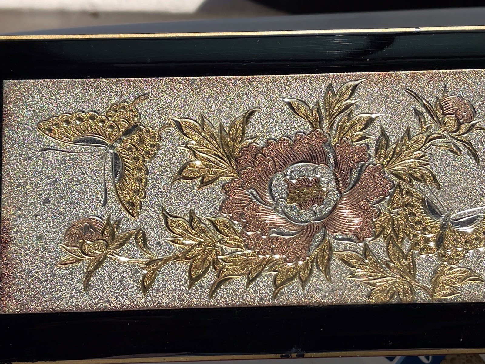 Vtg Japanese Black Lacquer Chokin Gold Silver Music Jewelry Mirror Box
