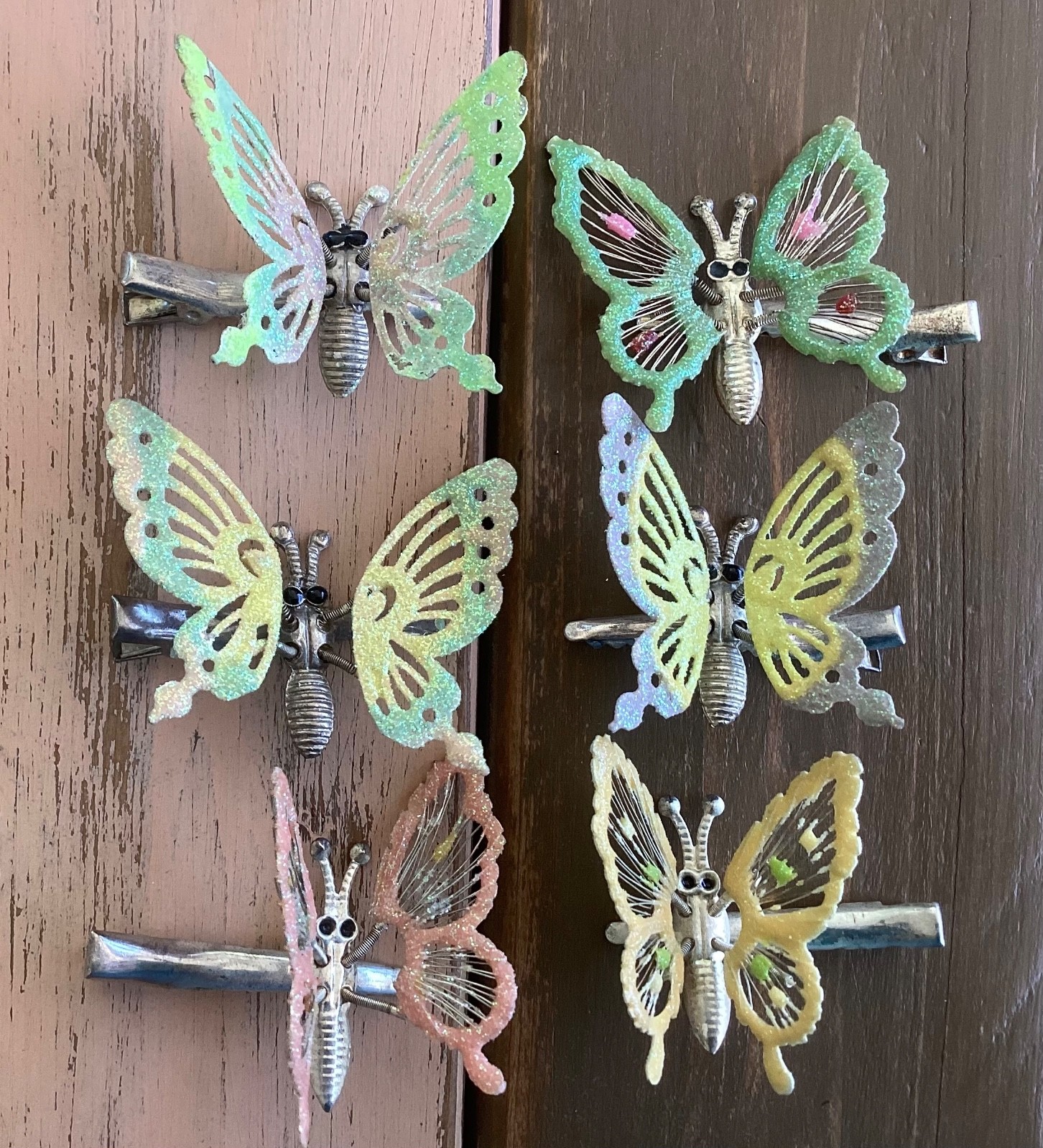 1990s Y2K Lot of 6 Silver Tone Butterfly Hair Clips~Sparkle Flutter Wire Glitter