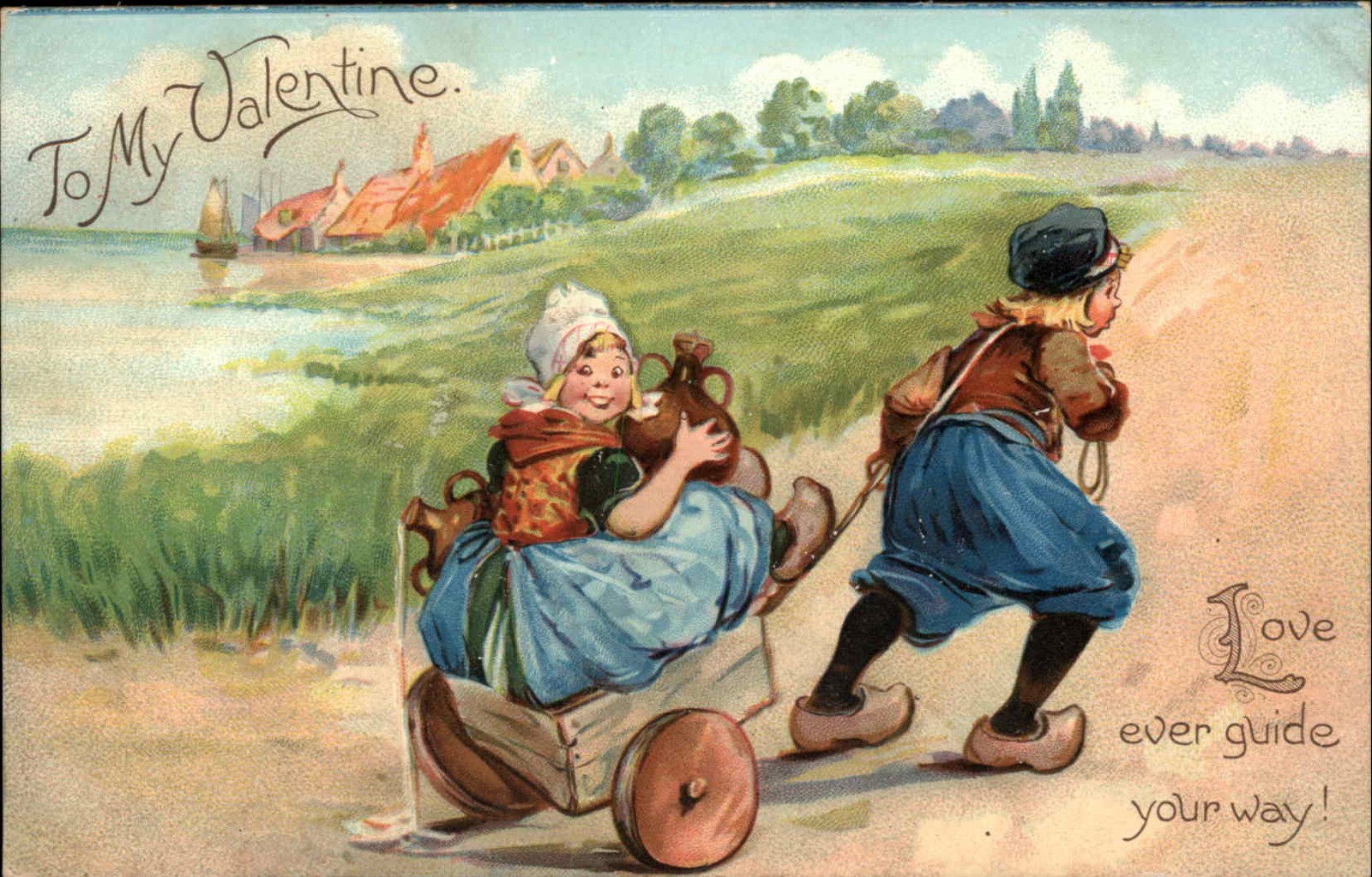 Valentines Dutch Children Cart Wagon #1 TUCK c1900-20s Vintage Postcard
