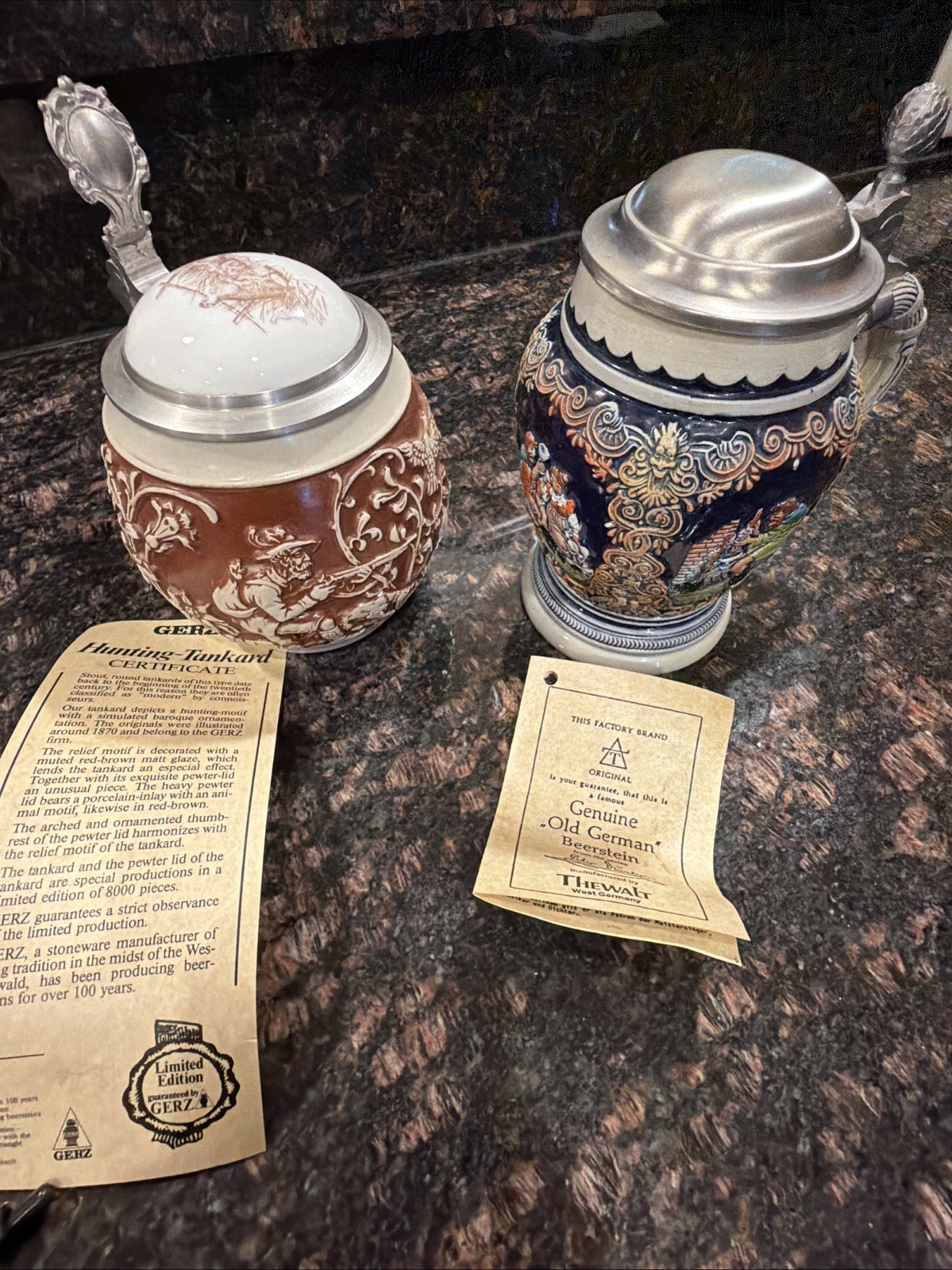 Vintage Getz Hunting Tankard & Thewalt German Bibel Stein — Pair of 2