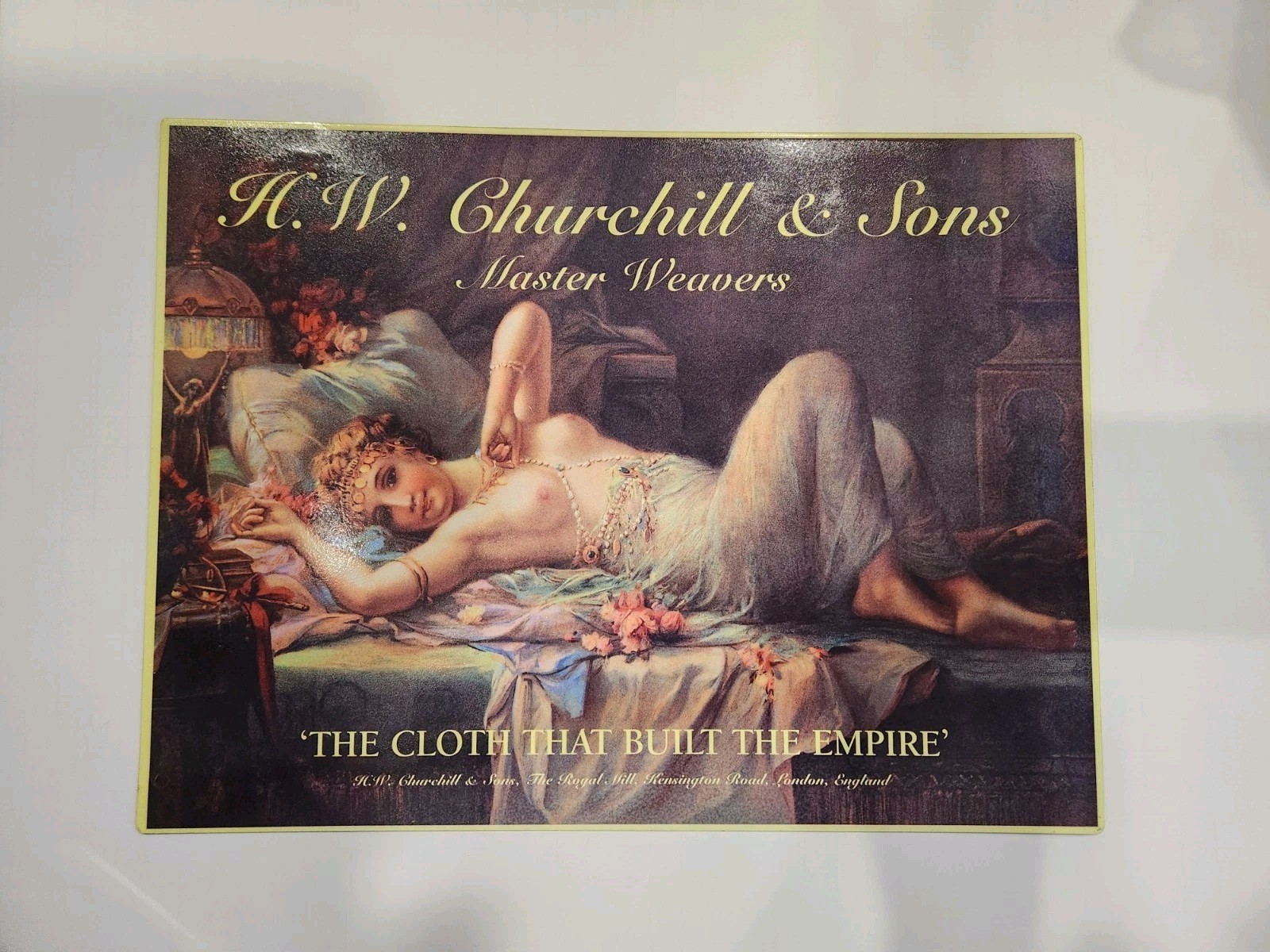 VTG H. W. CHURCHILL & SONS MASTER WEAVERS TIN METAL SIGN CLOTH THAT BUILT EMPIRE