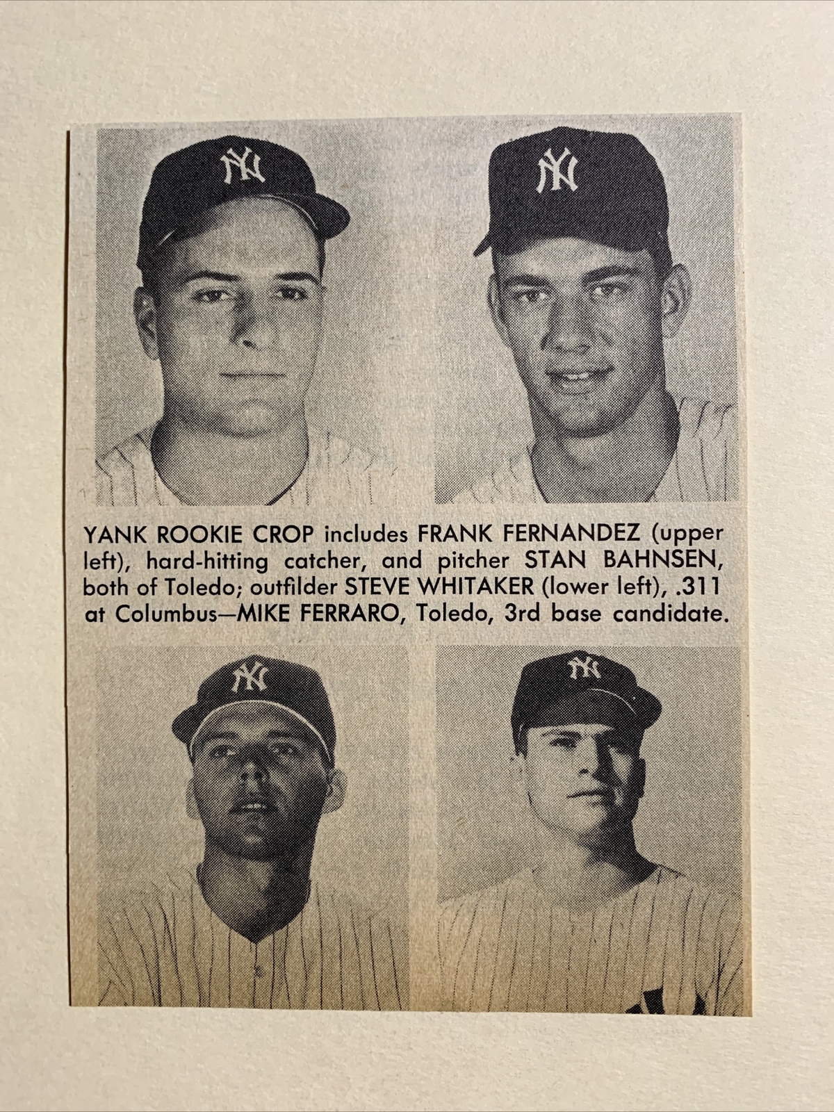 Mike Ferraro Stan Bahnsen Yankees 1967 S&S Baseball Pictorial CO 4X5 Panel