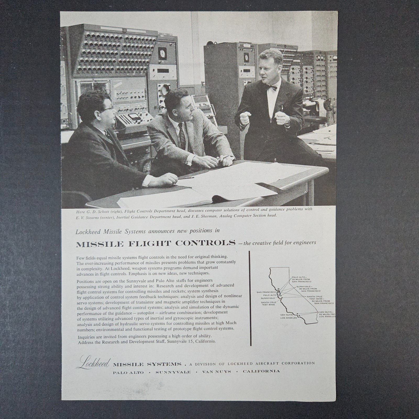 1958 Lockheed Aircraft Corp Missile Flight Control Systems Dept Vintage Print Ad