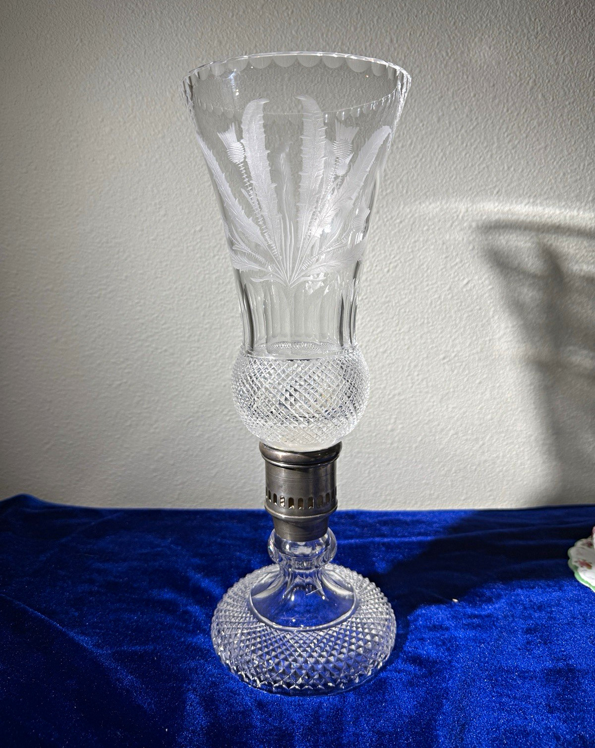 Edinburgh Crystal Thistle 14” Hurricane candle Lamp Etched Cut Crystal 